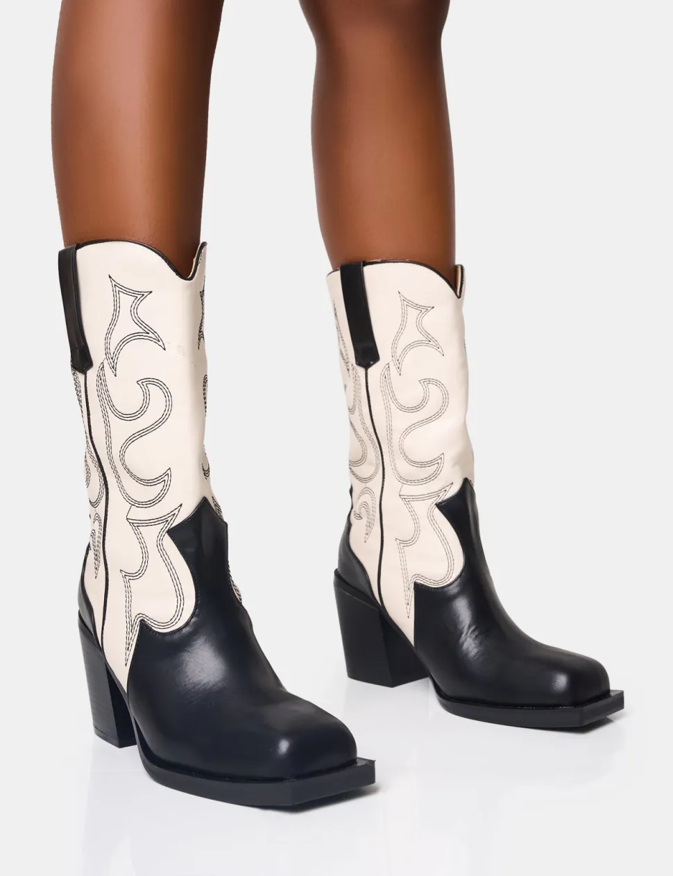 Shop Texas Black and Ecru Western Block Heel Ankle Boots Western Boots | Ankle Boots