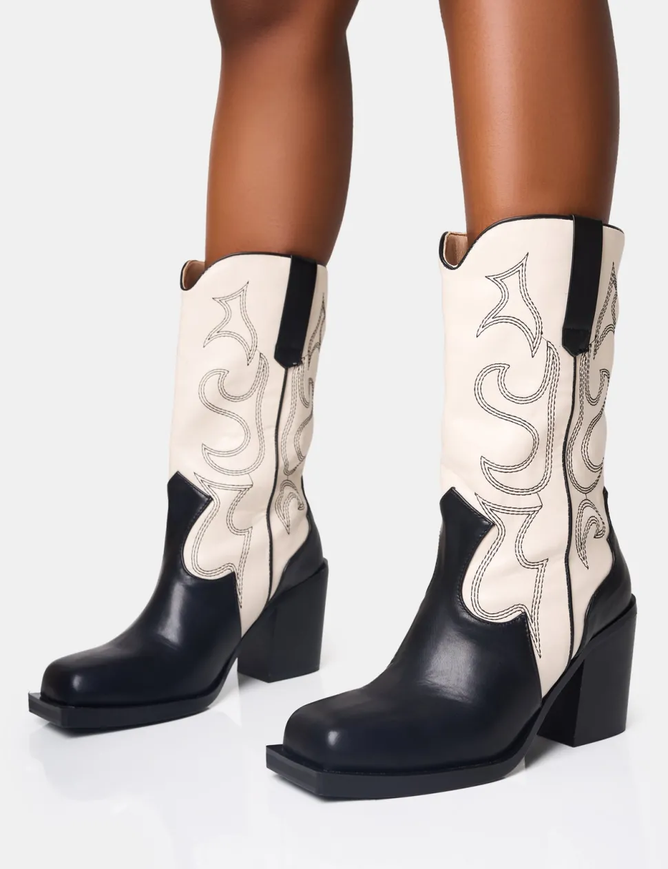 Shop Texas Black and Ecru Western Block Heel Ankle Boots Western Boots | Ankle Boots