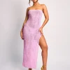 Online Textured Bandeau Side Split Detail Midaxi Dress Dresses