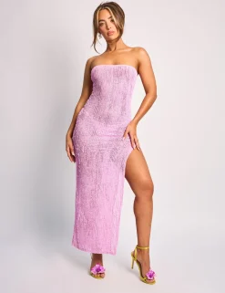 Online Textured Bandeau Side Split Detail Midaxi Dress Dresses