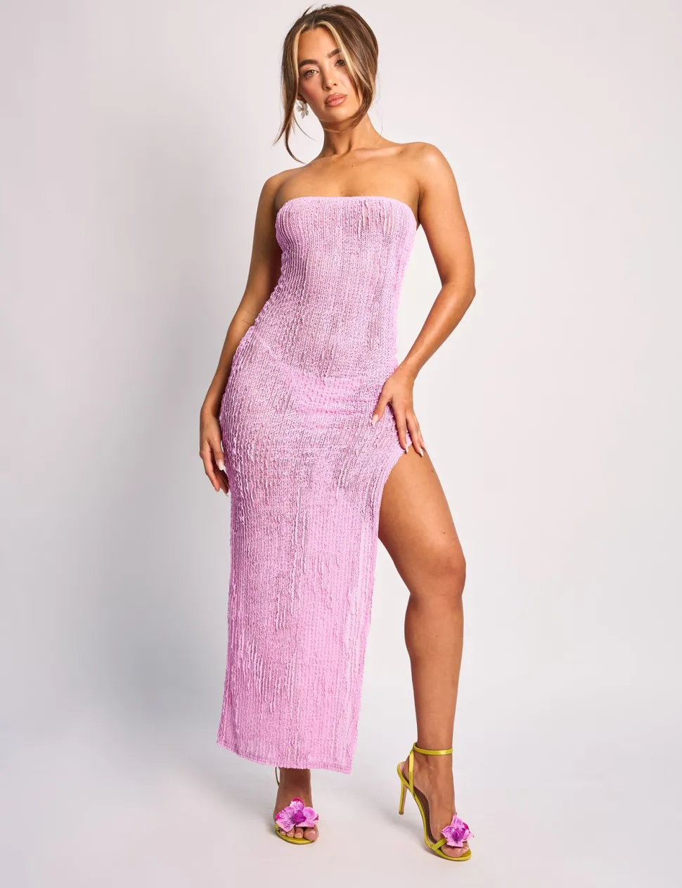 Online Textured Bandeau Side Split Detail Midaxi Dress Dresses