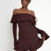 Outlet Textured Bardot Mini Dress Chocolate Sculpt & Leisure | Kaiia The Label