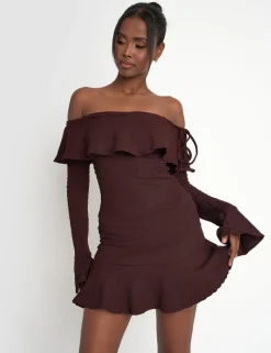 Outlet Textured Bardot Mini Dress Chocolate Sculpt & Leisure | Kaiia The Label