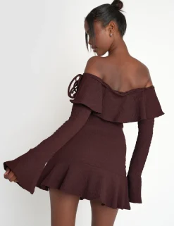 Outlet Textured Bardot Mini Dress Chocolate Sculpt & Leisure | Kaiia The Label
