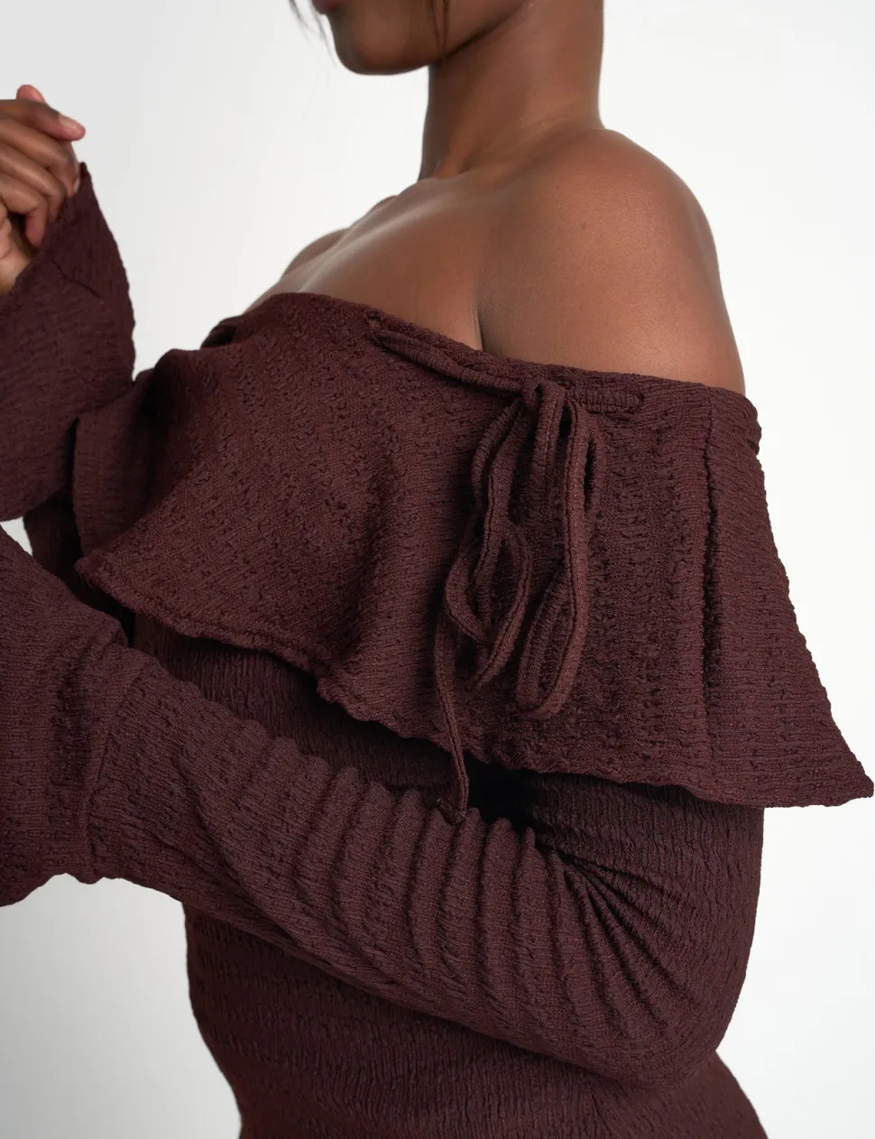 Outlet Textured Bardot Mini Dress Chocolate Sculpt & Leisure | Kaiia The Label