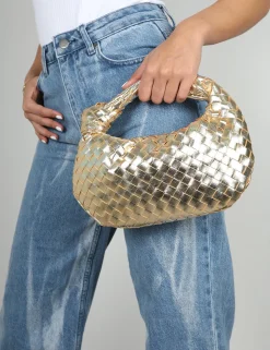 New The Blame Metallic Woven PU Knot Detail Mini Grab Bag Evening Bags | Clutch Bags