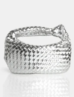 Best Sale The Blame Metallic Mirror Woven PU Knot Detail Mini Grab Bag Evening Bags | Clutch Bags