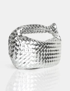 Best Sale The Blame Metallic Mirror Woven PU Knot Detail Mini Grab Bag Evening Bags | Clutch Bags