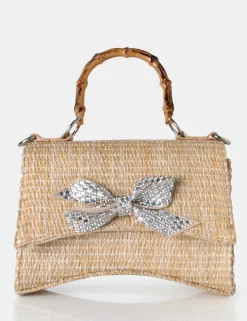Store The Bow Natural Raffia Bamboo Handle Diamante Bow Grab Bag Evening Bags | Mini Bags