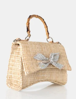 Store The Bow Natural Raffia Bamboo Handle Diamante Bow Grab Bag Evening Bags | Mini Bags