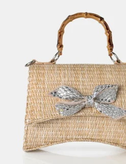 Store The Bow Natural Raffia Bamboo Handle Diamante Bow Grab Bag Evening Bags | Mini Bags