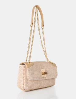 Best The Mara Natural Raffia Gold Chain Detail Adjustable Shoulder Bag Crossbody And Shoulder Bags