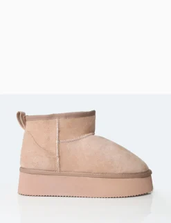 Outlet Theo Beige Faux Suede Ultra Mini Ankle Platform Boots Flats | Faux Fur Ankle Boots