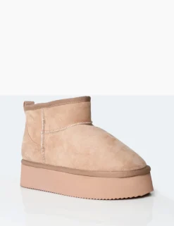 Outlet Theo Beige Faux Suede Ultra Mini Ankle Platform Boots Flats | Faux Fur Ankle Boots