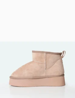 Outlet Theo Beige Faux Suede Ultra Mini Ankle Platform Boots Flats | Faux Fur Ankle Boots