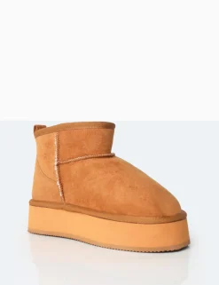 Store Theo Chestnut Brown Faux Suede Ultra Mini Ankle Platform Boots Flats | Faux Fur Ankle Boots