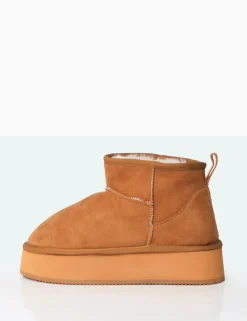 Store Theo Chestnut Brown Faux Suede Ultra Mini Ankle Platform Boots Flats | Faux Fur Ankle Boots