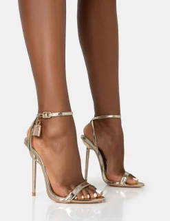 Online Ti Amo Metallic PU Padlock Detail Barely There Pointed Toe Stilettos Heels Back In Stock | Gold Heels
