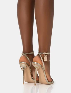 Online Ti Amo Metallic PU Padlock Detail Barely There Pointed Toe Stilettos Heels Back In Stock | Gold Heels