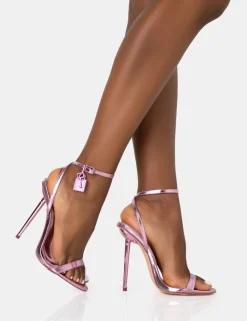 Cheap Ti Amo Metallic PU Padlock Detail Barely There Stilettos Heels Pink Heels | High Heels
