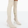 Clearance Tianna Natural Linen Pointed Toe Over The Knee Stiletto Boots High Heels | Heeled Boots