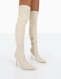 Clearance Tianna Natural Linen Pointed Toe Over The Knee Stiletto Boots High Heels | Heeled Boots
