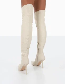 Clearance Tianna Natural Linen Pointed Toe Over The Knee Stiletto Boots High Heels | Heeled Boots