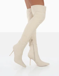 Clearance Tianna Natural Linen Pointed Toe Over The Knee Stiletto Boots High Heels | Heeled Boots