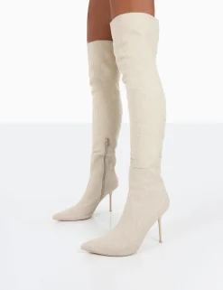 Clearance Tianna Natural Linen Pointed Toe Over The Knee Stiletto Boots High Heels | Heeled Boots