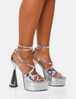 Outlet Tina Iridescent Mirror Strappy Ankle Platform Flared Block Heel Strappy Heels | Silver Heels