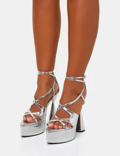 Outlet Tina Iridescent Mirror Strappy Ankle Platform Flared Block Heel Strappy Heels | Silver Heels