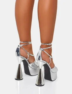 Outlet Tina Iridescent Mirror Strappy Ankle Platform Flared Block Heel Strappy Heels | Silver Heels