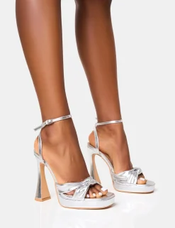 Hot Trendsetter Silver Knot Detail Flare Platform Heels Silver Heels | Platform Heels