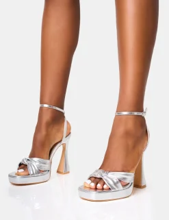 Hot Trendsetter Silver Knot Detail Flare Platform Heels Silver Heels | Platform Heels