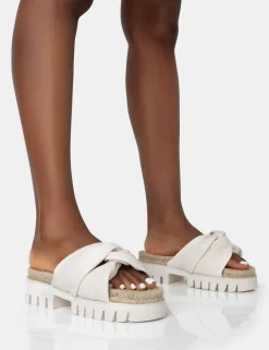 Store Trina Ecru PU Raffia Twist Strap Slider Sandals Flats