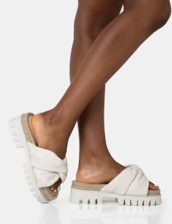 Store Trina Ecru PU Raffia Twist Strap Slider Sandals Flats