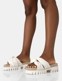 Store Trina Ecru PU Raffia Twist Strap Slider Sandals Flats