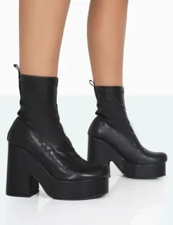 Cheap Trix Black Stretch PU Platform Ankle Boots Platform Heels | Heeled Boots