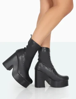 Cheap Trix Black Stretch PU Platform Ankle Boots Platform Heels | Heeled Boots