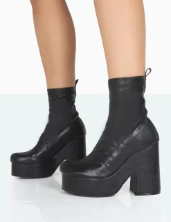 Cheap Trix Black Stretch PU Platform Ankle Boots Platform Heels | Heeled Boots