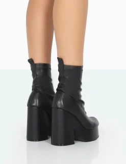 Cheap Trix Black Stretch PU Platform Ankle Boots Platform Heels | Heeled Boots