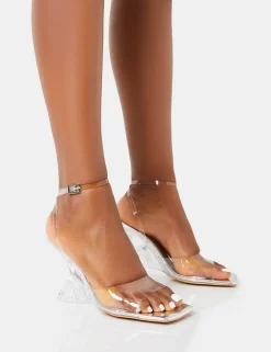Hot Twin Flame Silver Mirror Perspex Wrap Around Inverted High Heels Silver Heels | Square Toe Heels