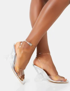 Hot Twin Flame Silver Mirror Perspex Wrap Around Inverted High Heels Silver Heels | Square Toe Heels