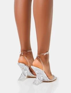 Hot Twin Flame Silver Mirror Perspex Wrap Around Inverted High Heels Silver Heels | Square Toe Heels