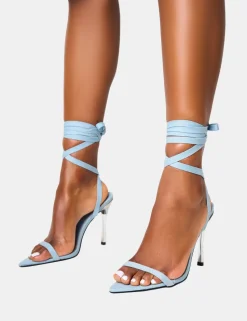 Discount Ultimate Denim Lace Up Diamante Encrusted Pointed Toe Stiletto Heels Diamante Heels | Lace Up Heels