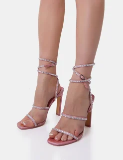 Best Ultra Chic Diamante Strappy Square Toe Slim Block Illusion Heel Pink Heels