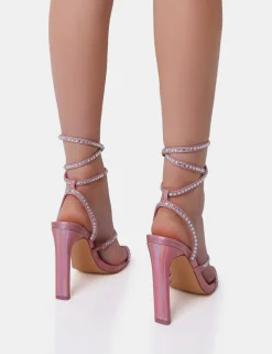 Best Ultra Chic Diamante Strappy Square Toe Slim Block Illusion Heel Pink Heels