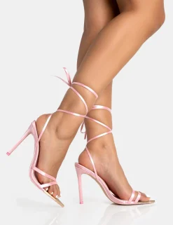 Discount Unapologetic Baby Satin Barely There Gold Pointed Toe Stiletto Heels Barely There Heels | Lace Up Heels