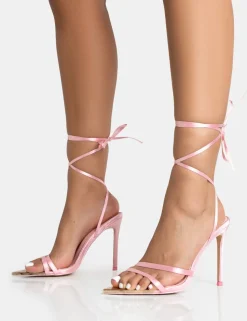 Discount Unapologetic Baby Satin Barely There Gold Pointed Toe Stiletto Heels Barely There Heels | Lace Up Heels