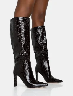 Best Undone Patent Croc Knee High Zip Up Thin Block Heeled Boots Block Heels | Heeled Boots